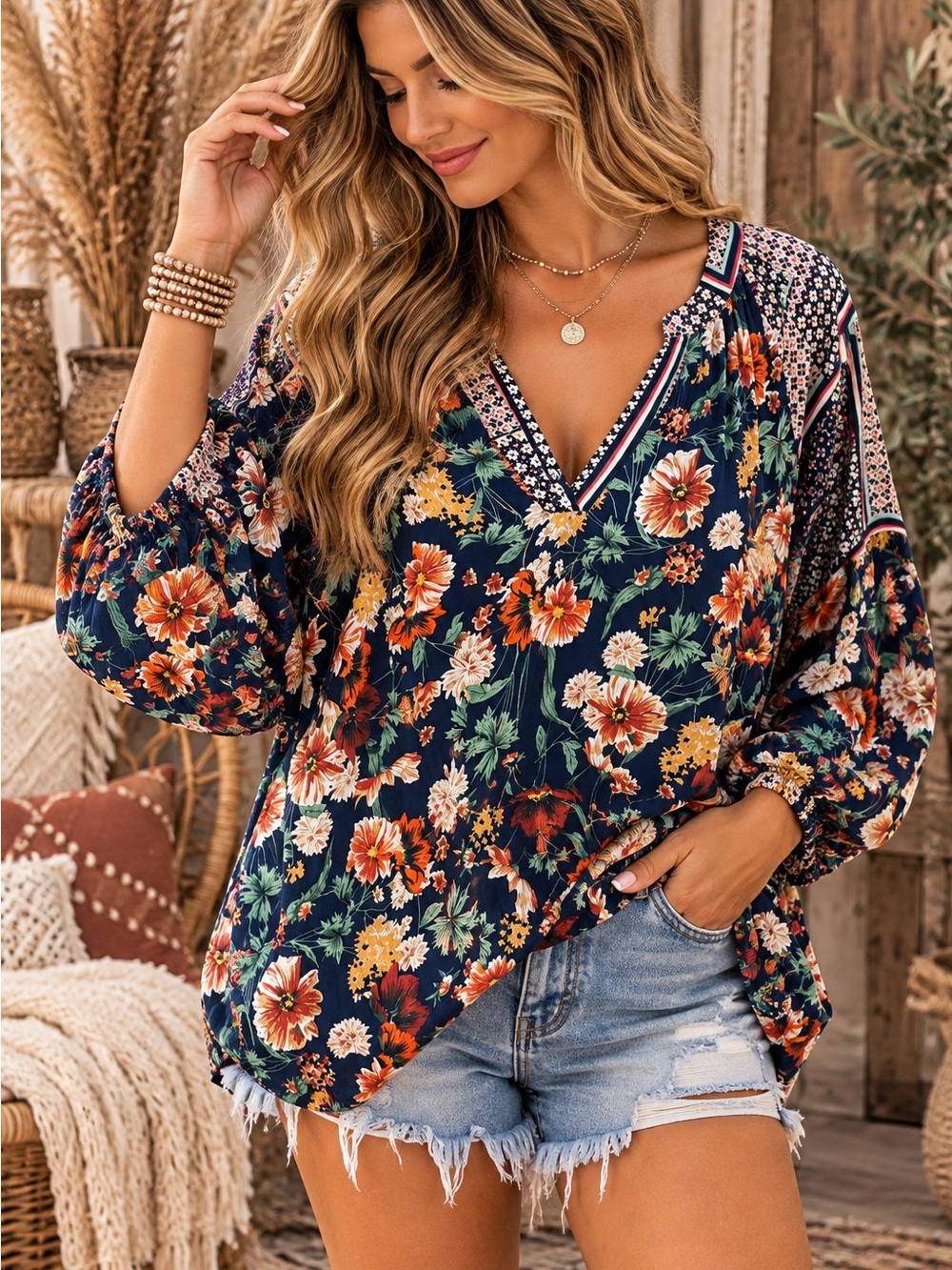 JODIFL Navy Floral V-Neck Balloon Sleeve Tunic